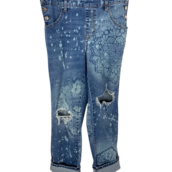Upcycled Denim Overalls Jeans Womens Size Small Handmade Floral Blue Stretch - Picture 5 of 12
